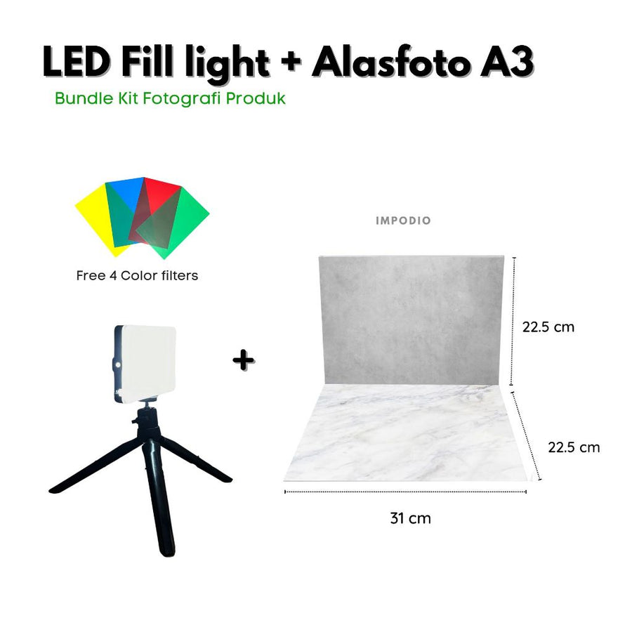 IMPODIO Paket Alasfoto SMALL + LED Fill Light -Bundle Kit Fotografi