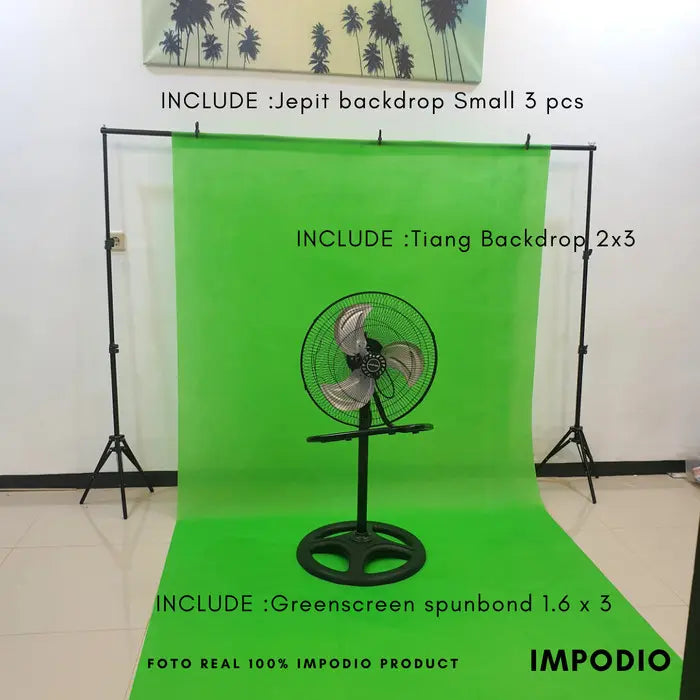 IMPODIO Paket Greenscreen Spunbond Hijau | Kain Spunbond 1.6x3M tiang aluminium 2x3M | Backdrop Stand Green Screen Chroma Key Background