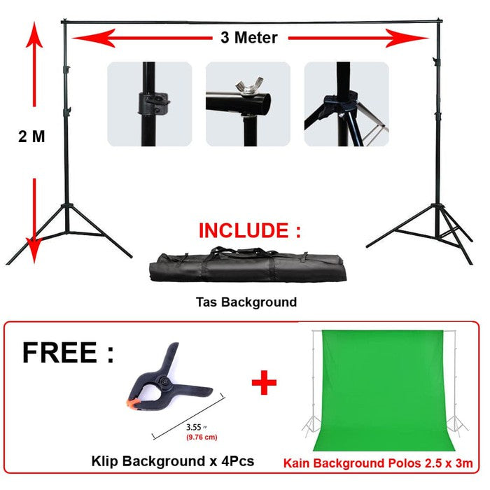 IMPODIO Background Studio 190x300cm Free Kain Polos 3x2.4M dan 4 Klip backdrop