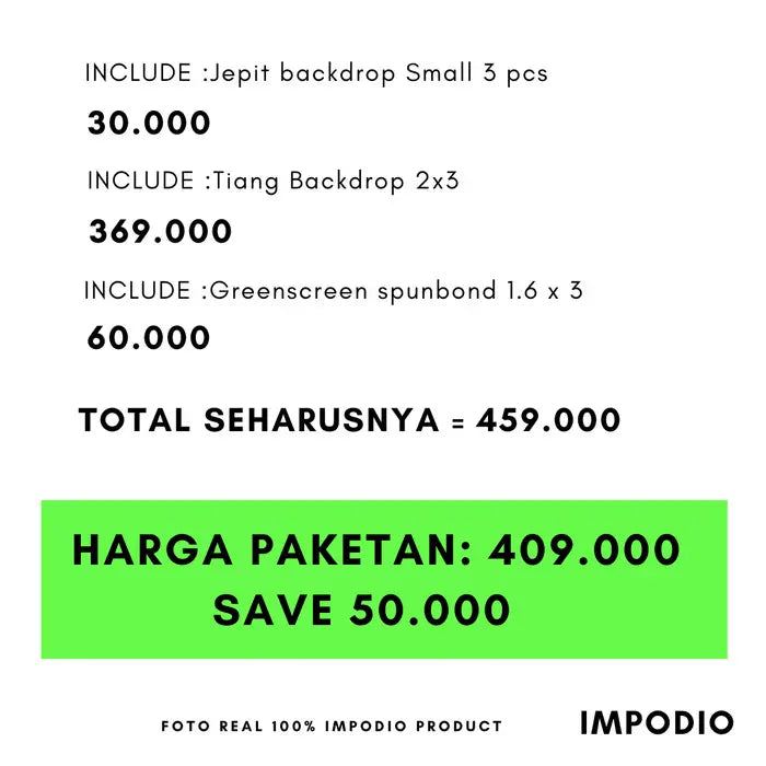 IMPODIO Paket Greenscreen Spunbond Hijau | Kain Spunbond 1.6x3M tiang aluminium 2x3M | Backdrop Stand Green Screen Chroma Key Background