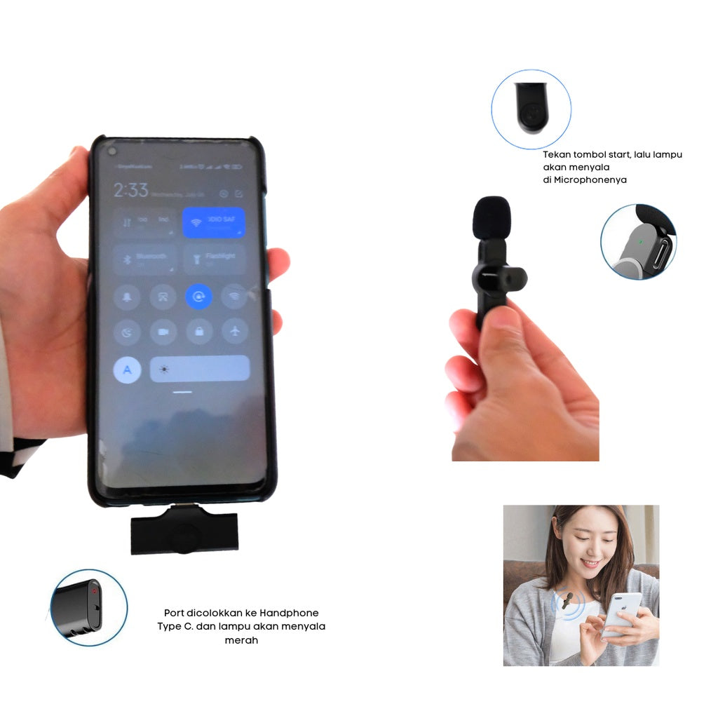 Lavaliers Microphone Wireless clip on smartphone utk iPhone dan Type C