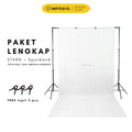 IMPODIO Paket Lengkap Background Spunbond putih 1.6 x 3M + Stand alumunium 2 x 3M + 3 Jepit Backdrop Hitam