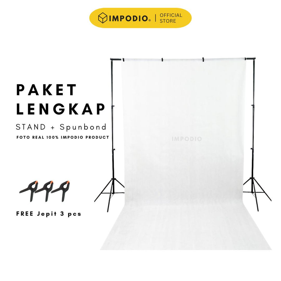 IMPODIO Paket Lengkap Background Spunbond putih 1.6 x 3M + Stand alumunium 2 x 3M + 3 Jepit Backdrop Hitam