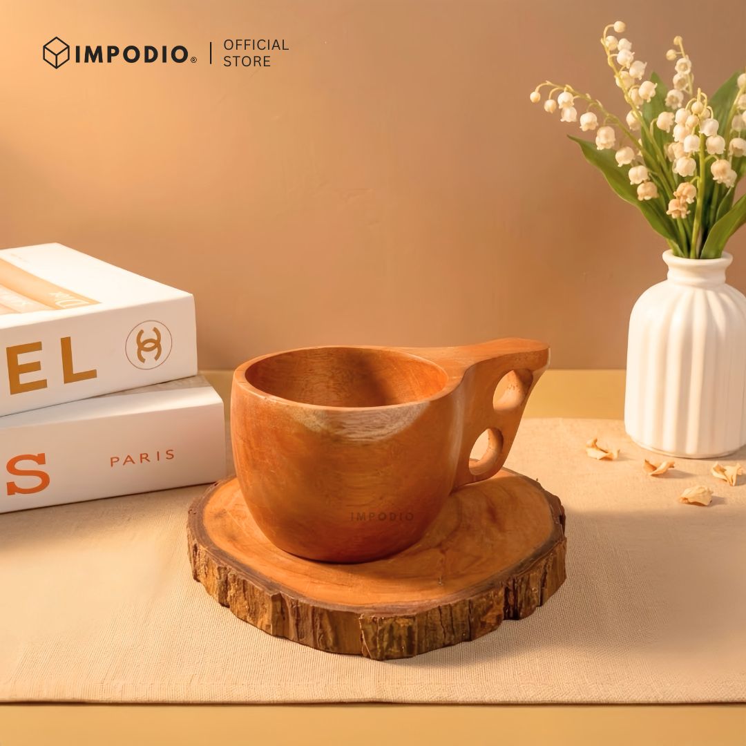 IMPODIO Gelas Kayu Mahoni  Asli Aesthetic Gagang Berlubang | Properti Foto Kafe Studio Dekorasi Rumah