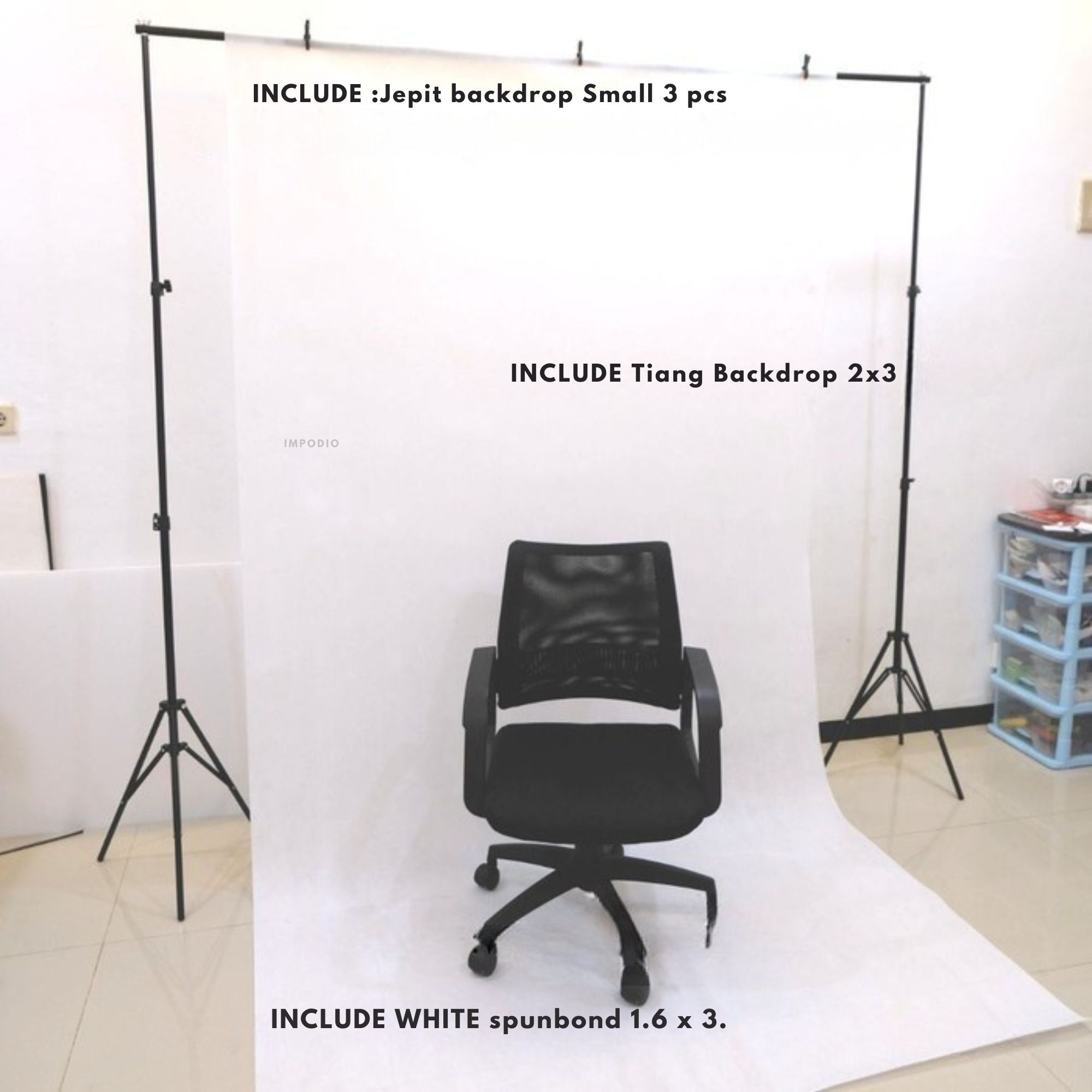 IMPODIO Paket Lengkap Background Spunbond putih 1.6 x 3M + Stand alumunium 2 x 3M + 3 Jepit Backdrop Hitam