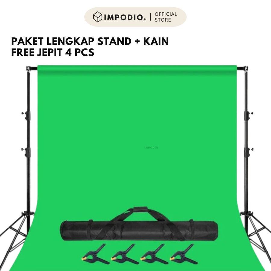 IMPODIO Paket stand backdrop greenscreen - Kain backdrop 2.4x3m dan 2.4x6m (tanpa sambungan) kualitas terbaik
