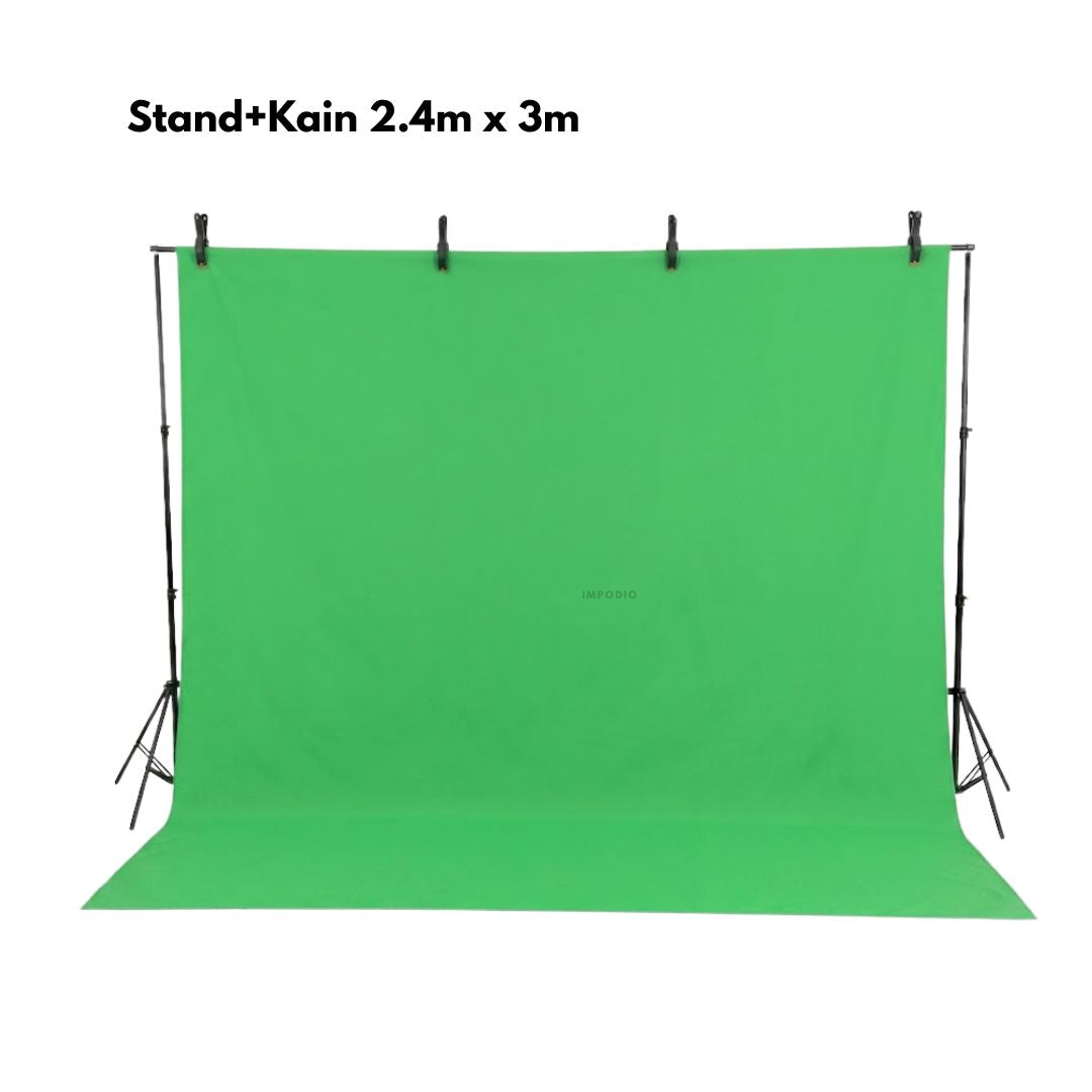 IMPODIO Paket stand backdrop greenscreen - Kain backdrop 2.4x3m dan 2.4x6m (tanpa sambungan) kualitas terbaik