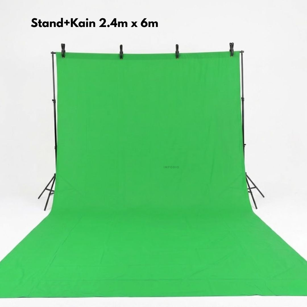 IMPODIO Paket stand backdrop greenscreen - Kain backdrop 2.4x3m dan 2.4x6m (tanpa sambungan) kualitas terbaik