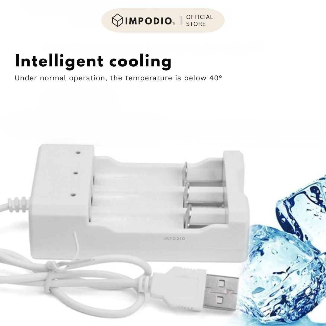 IMPODIO Charger Baterai USB 4 Slot untuk AA AAA Fast Charging - Pengisi daya aman dengan LED indikator