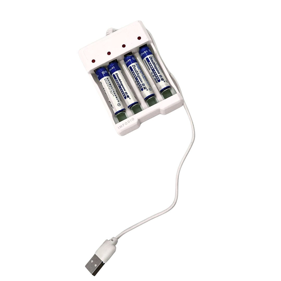 IMPODIO Charger Baterai USB 4 Slot untuk AA AAA Fast Charging - Pengisi daya aman dengan LED indikator