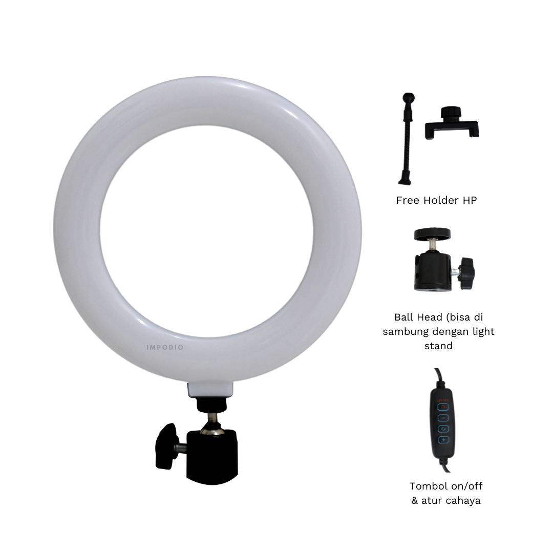 IMPODIO Ring Light 20cm  - Lampu Selfie Vlogger Konten Live Stream Profesional 3 Mode Warna