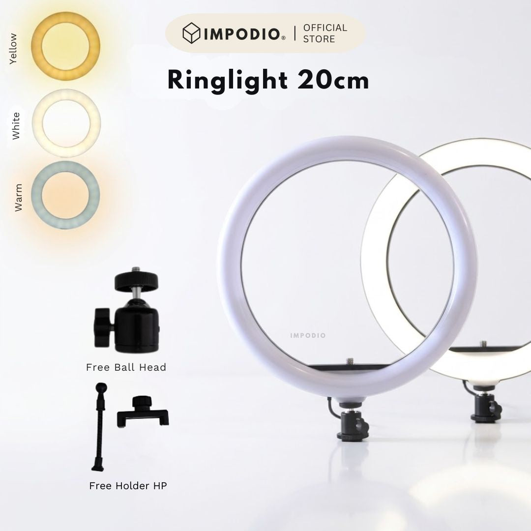 IMPODIO Ring Light 20cm  - Lampu Selfie Vlogger Konten Live Stream Profesional 3 Mode Warna