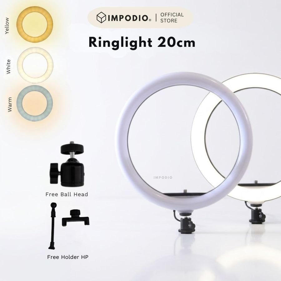 IMPODIO Ring Light 20cm  - Lampu Selfie Vlogger Konten Live Stream Profesional 3 Mode Warna