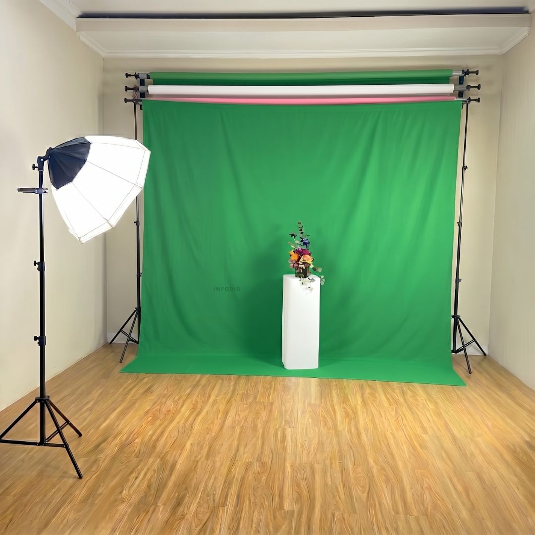 IMPODIO Paket Greenscreen Premium 3M - Stand Background untuk Studio Virtual Konten Video YouTube Streaming Chroma Key Alas Foto Profesional