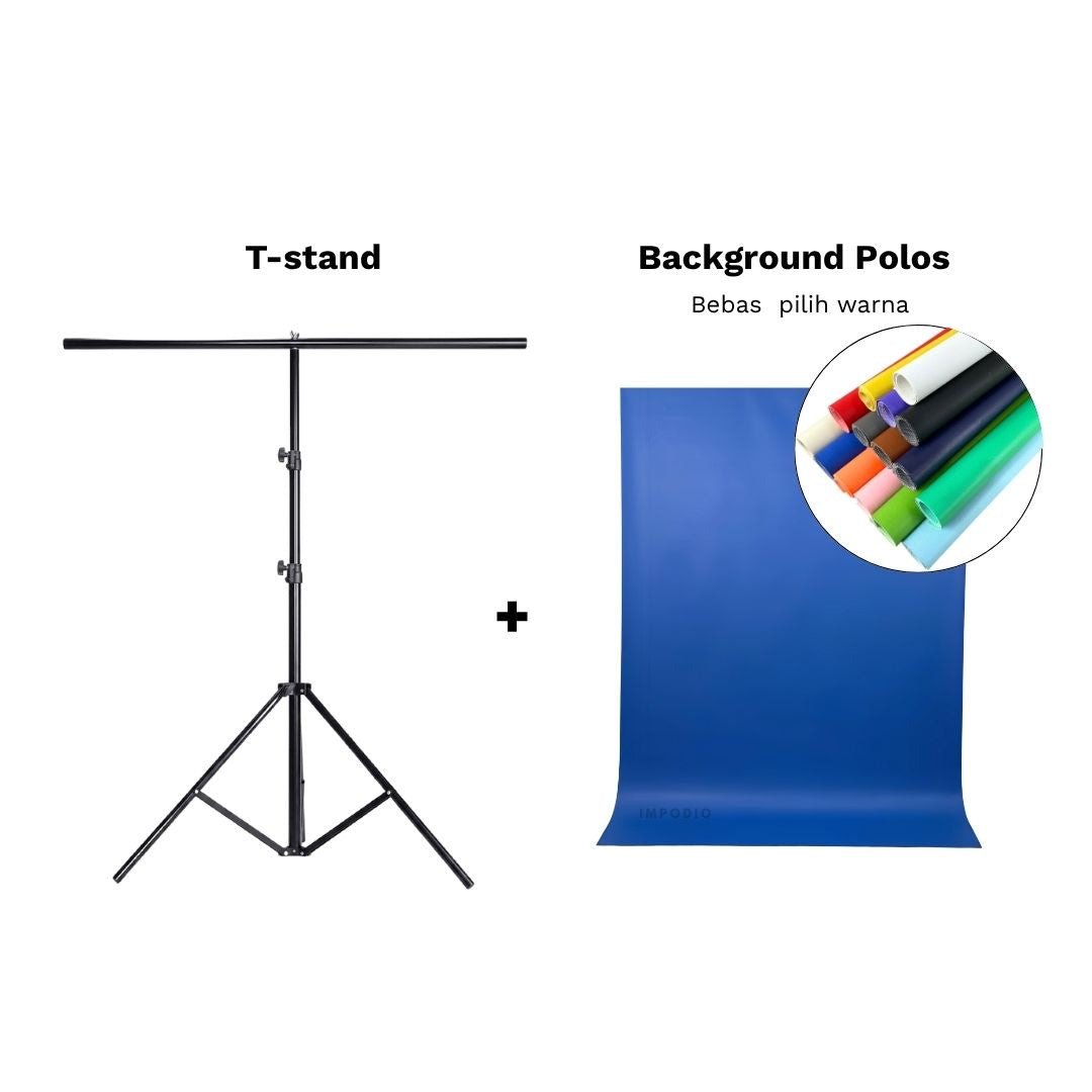IMPODIO Paket T-Stand Backdrop Studio Foto Lengkap 200x100 cm - Background Waterproof Doff Warna Polos atau Motif 200x140 cm