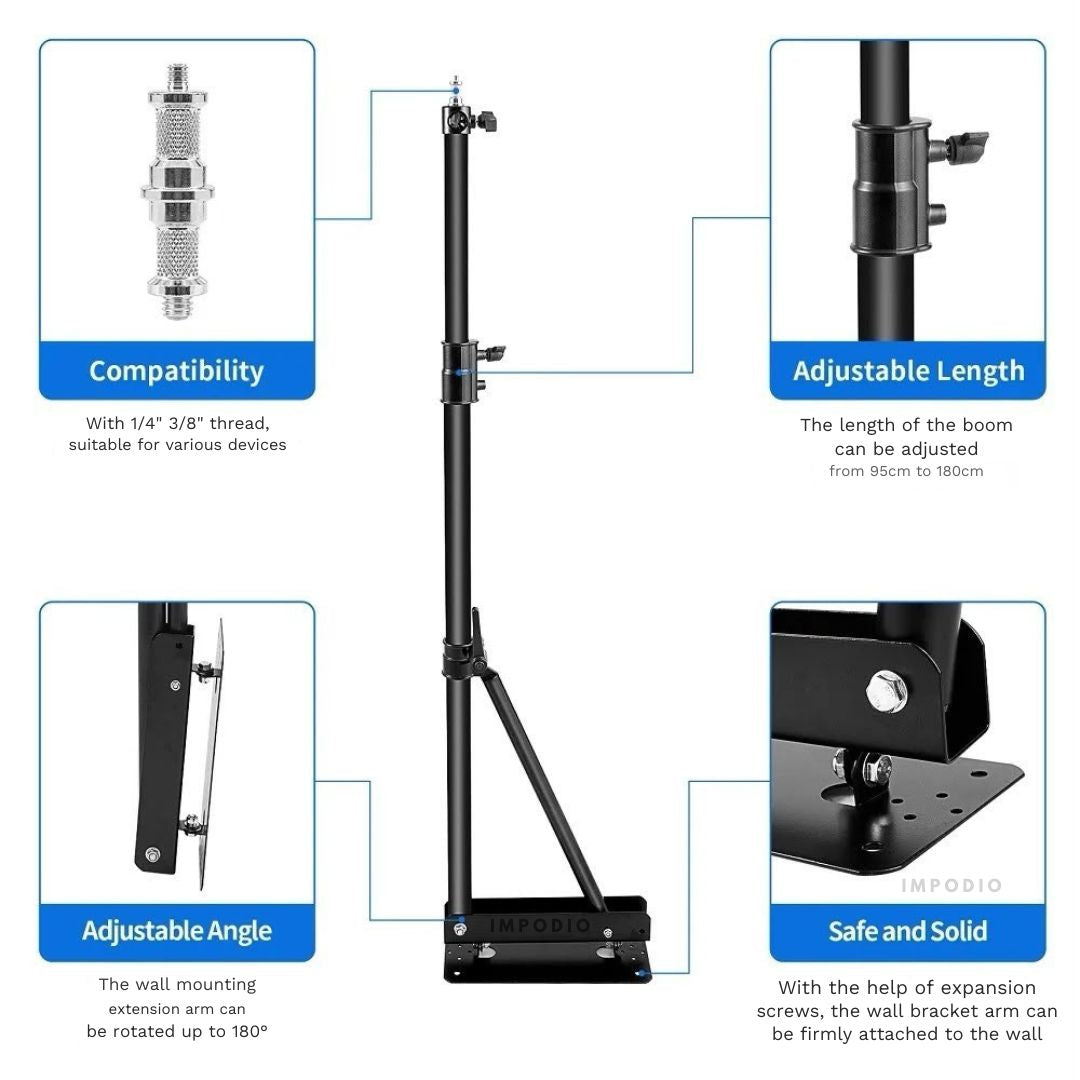 IMPODIO Wall Bracket Lighting Studio 1.8M – Wall Boom Arm Stand Lampu Foto Video Studio