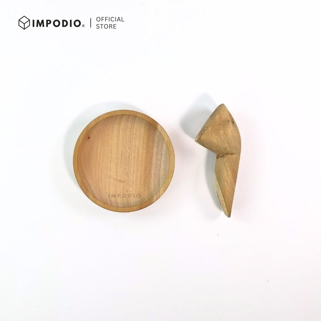 IMPODIO Piring Cobek Kayu 15cm dan Ulekan Sambal - Set Wadah Saji Tradisional Estetik