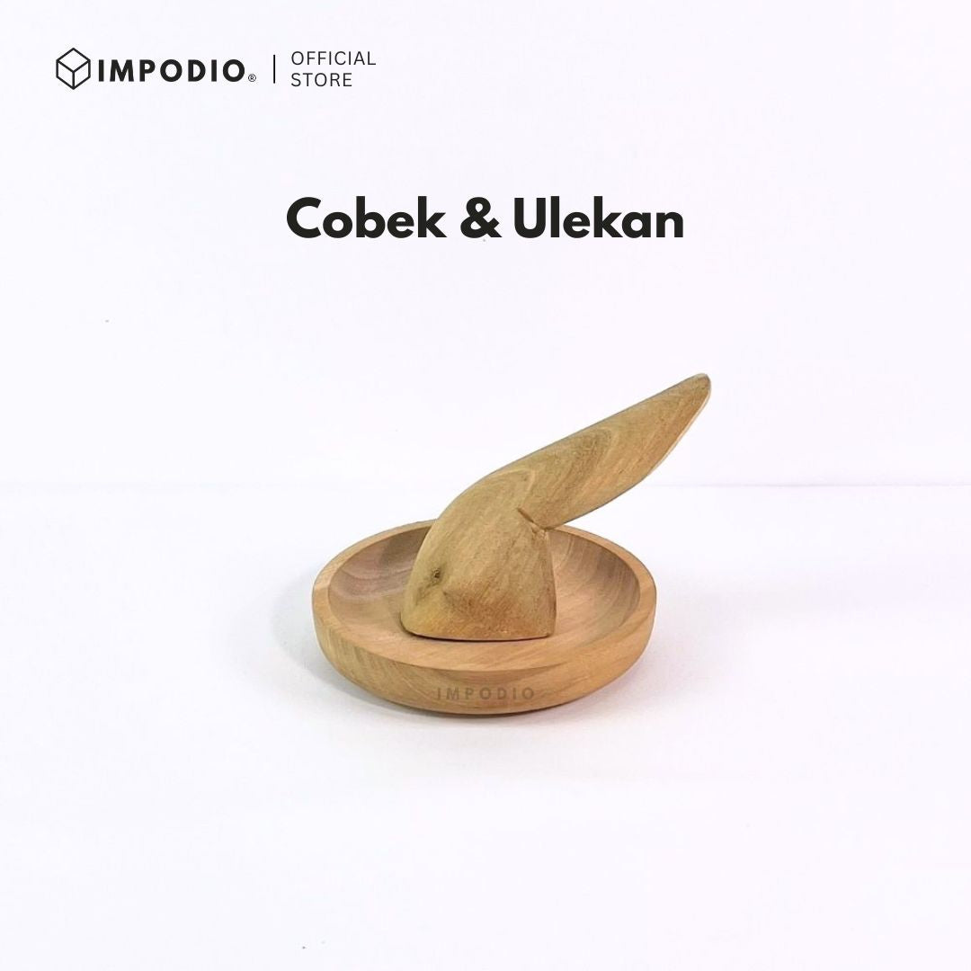 IMPODIO Piring Cobek Kayu 15cm dan Ulekan Sambal - Set Wadah Saji Tradisional Estetik