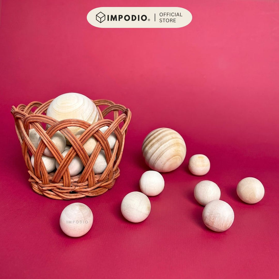 IMPODIO Bola Kayu Natural 2cm dan 4cm - Properti Foto Estetik Hiasan Miniatur Kayu Dekorasi Meja