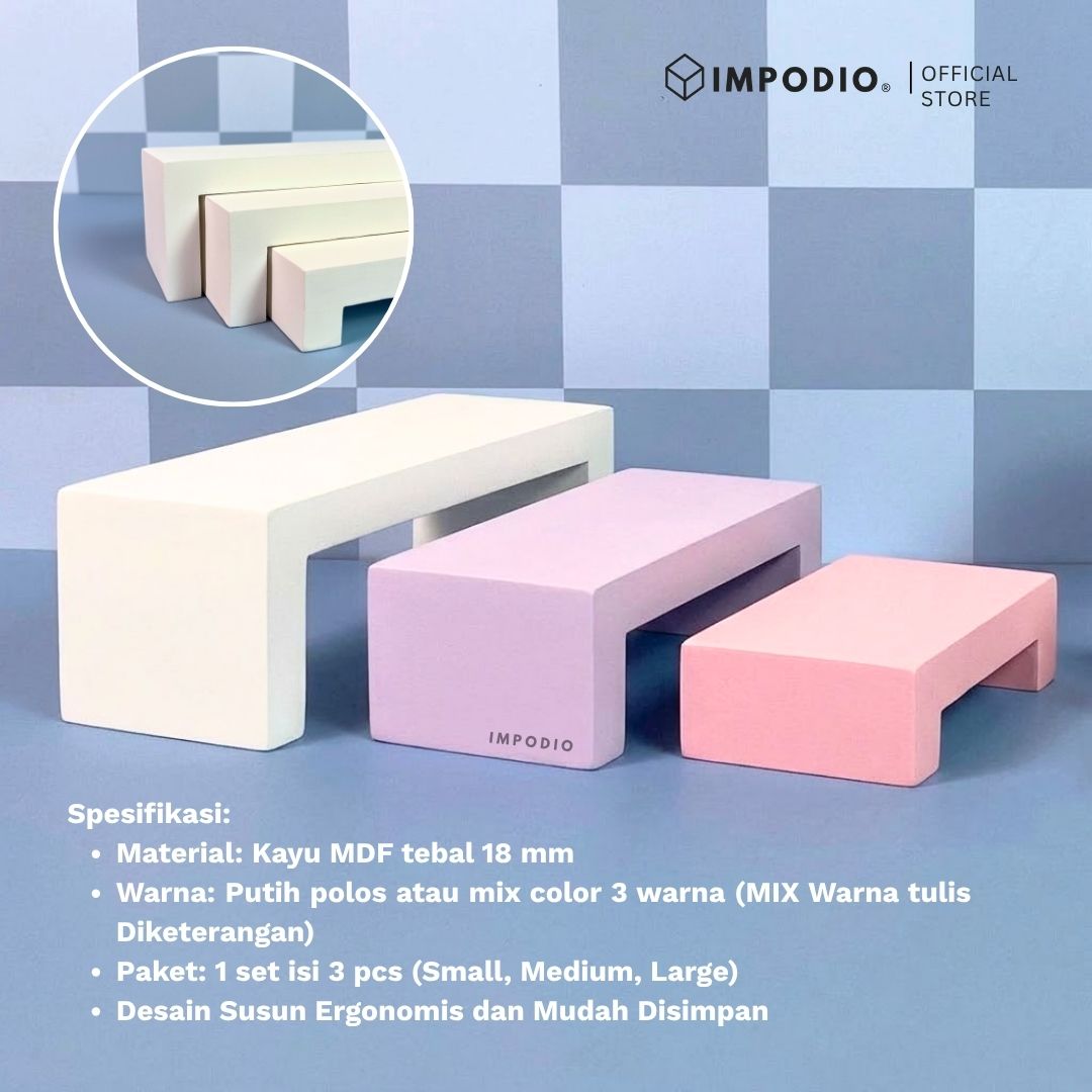 IMPODIO Rak Hoop Display Susun Produk Kayu Minimalis Set 3 Ukuran - Stand Foto Produk Aesthetic Mix Warna