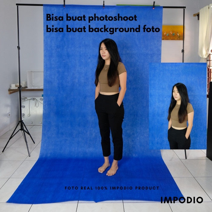 IMPODIO Paket Stand backdrop 3x2m + Spunbond warna biru Bluescreen FREE jepit