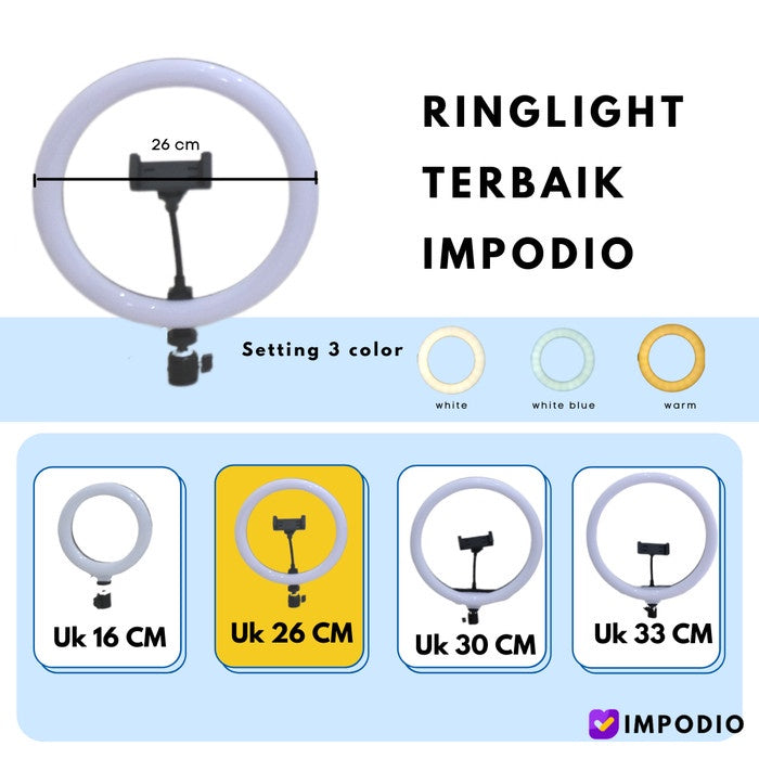 IMPODIO Ringlight diameter 26 CM 3 warna dimmable - tampak samping