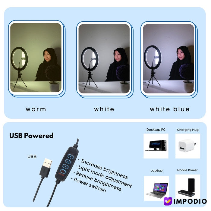 IMPODIO Ringlight diameter 26 CM 3 warna dimmable - close up