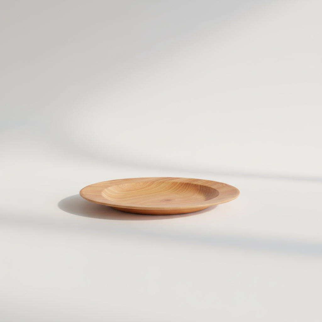 Wooden plate on a gray background with text 'Piring kayu saji'.