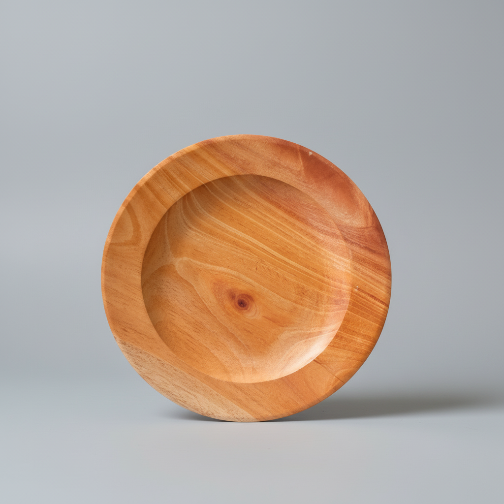 Wooden plate on a gray background with text 'Piring kayu saji'.