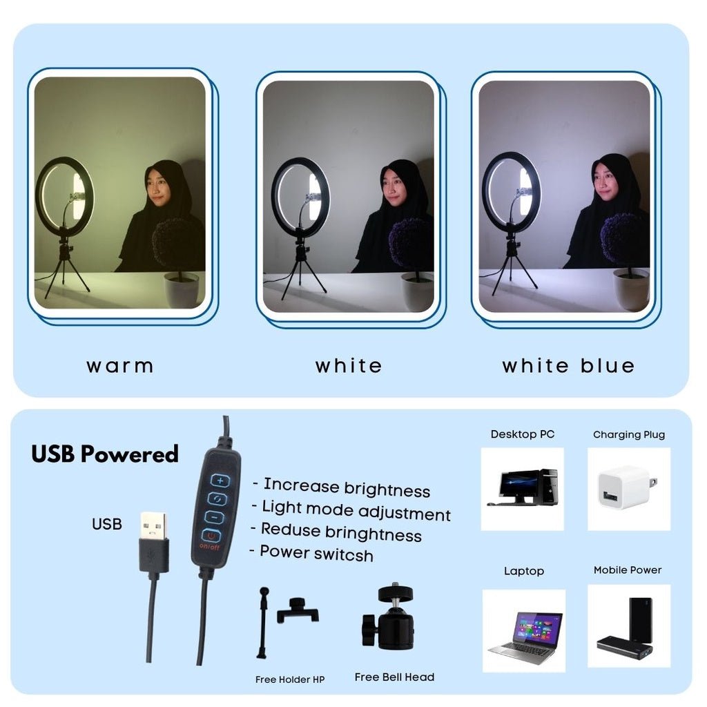 IMPODIO Ringlight diameter 30 cm 3 warna dimmable / Lampu bulat super terang