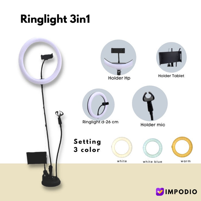 IMPODIO Ringlight diameter 26cm 3 in 1 dengan holder hp dan microphone