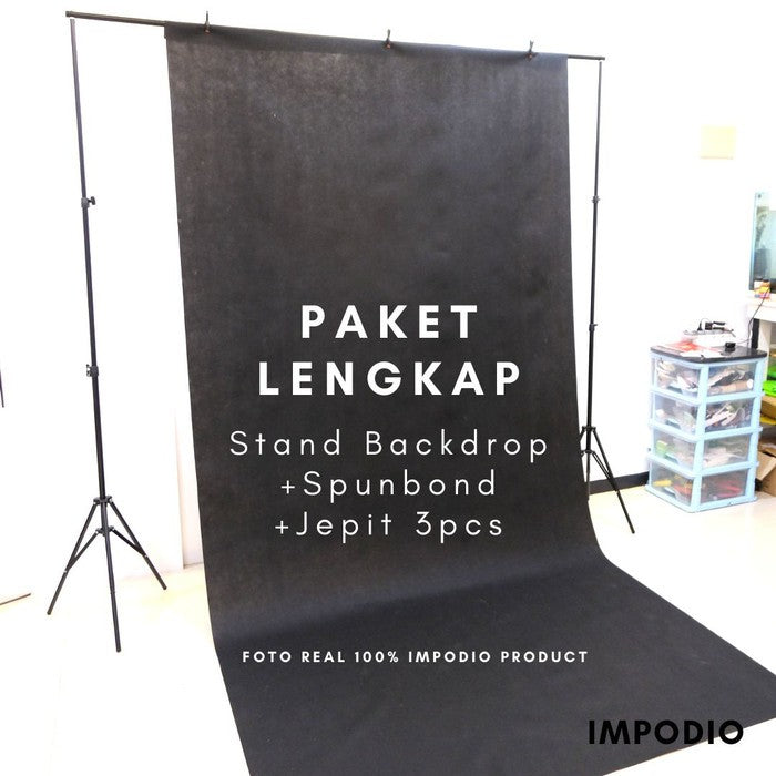Paket Background spunbond hitam + Stand backdrop youtuber/zoom LENGKAP