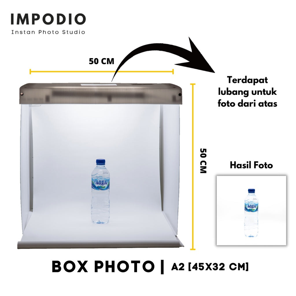 IMPODIO Box Studio Foto mini Ukuran 50x50cm 2 LED Paling terang