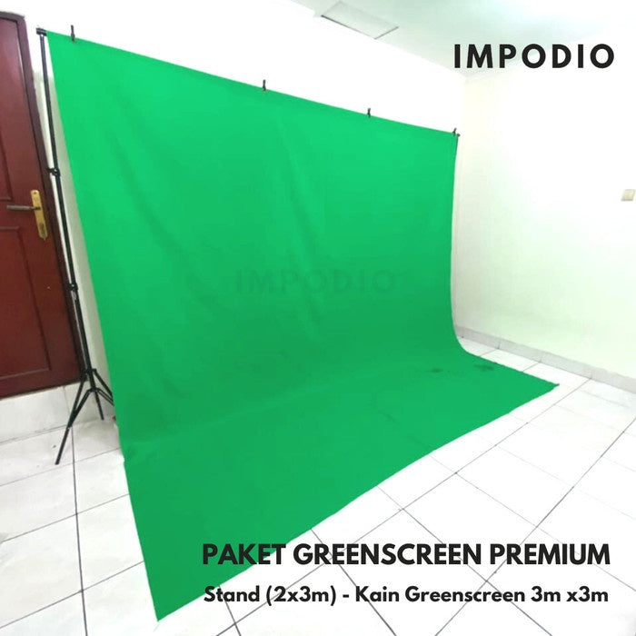 IMPODIO Paket Greenscreen premium 3mx3m + Stand tiang Background gratis jepit backdrop