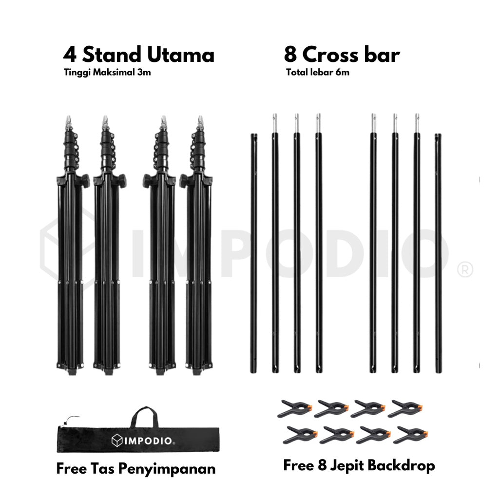 IMPODIO Stand 3x6m Tiang backdrop Profesional Lebar 6m x Tinggi 3m