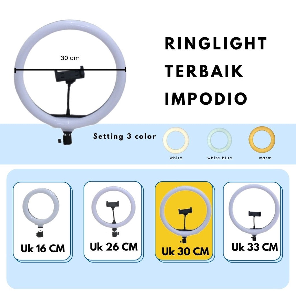 IMPODIO Ringlight diameter 30 cm 3 warna dimmable - detail produk
