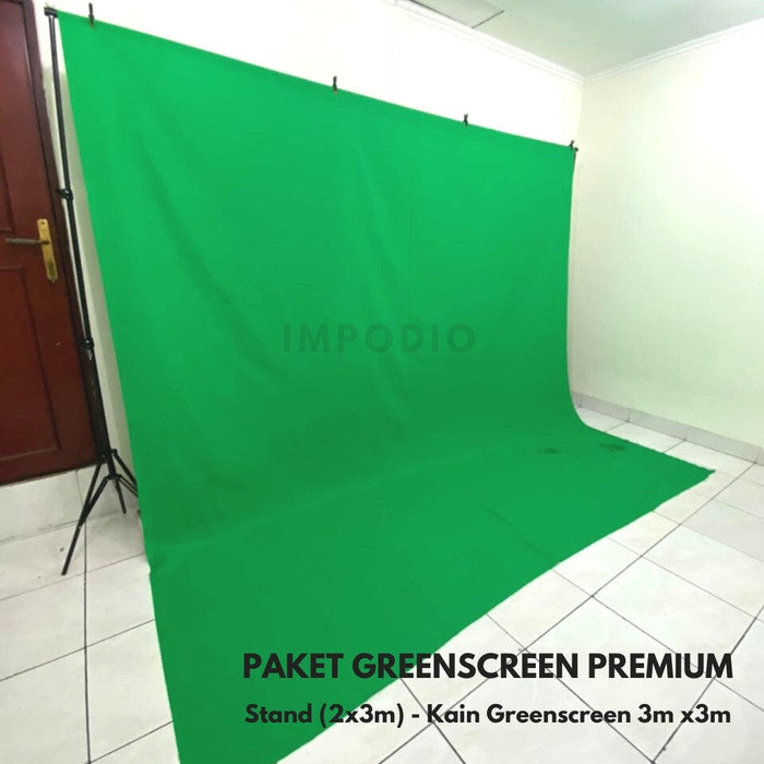 IMPODIO Paket Greenscreen premium 3mx3m + Stand tiang Background gratis jepit backdrop