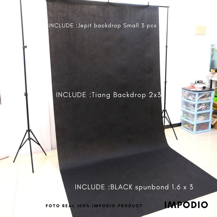 Paket Background spunbond hitam + Stand backdrop youtuber/zoom LENGKAP