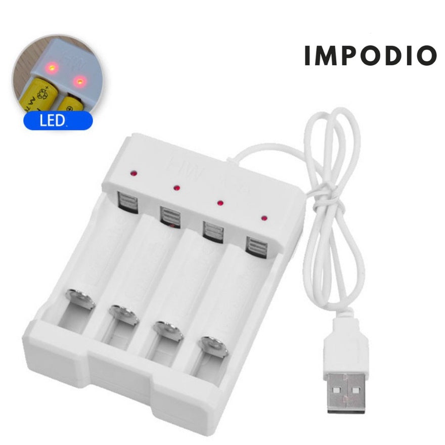 IMPODIO Charger Baterai USB 4 Slot untuk AA AAA Fast Charging - Pengisi daya aman dengan LED indikator