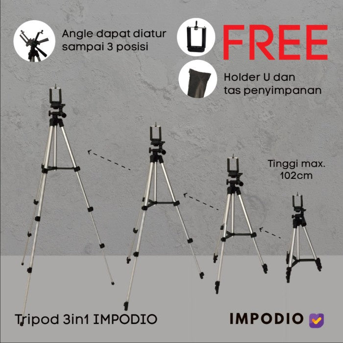 IMPODIO Tripod 3 in 1 IMPODIO Tinggi adjustable sampai 100cm FREE - tampak samping
