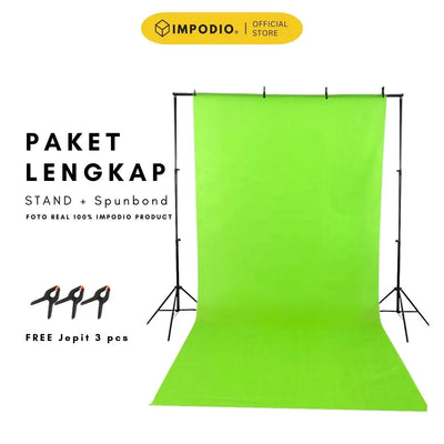 IMPODIO Paket Greenscreen Spunbond Hijau | Kain Spunbond 1.6x3M tiang aluminium 2x3M | Backdrop Stand Green Screen Chroma Key Background