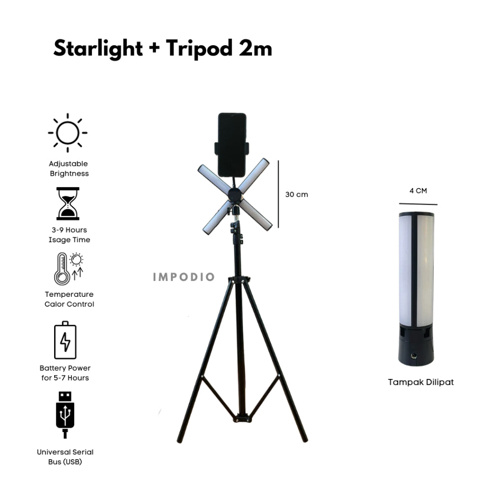 IMPODIO Starlight + Tripod 2m - Make up Vlog - Lampu ringlight