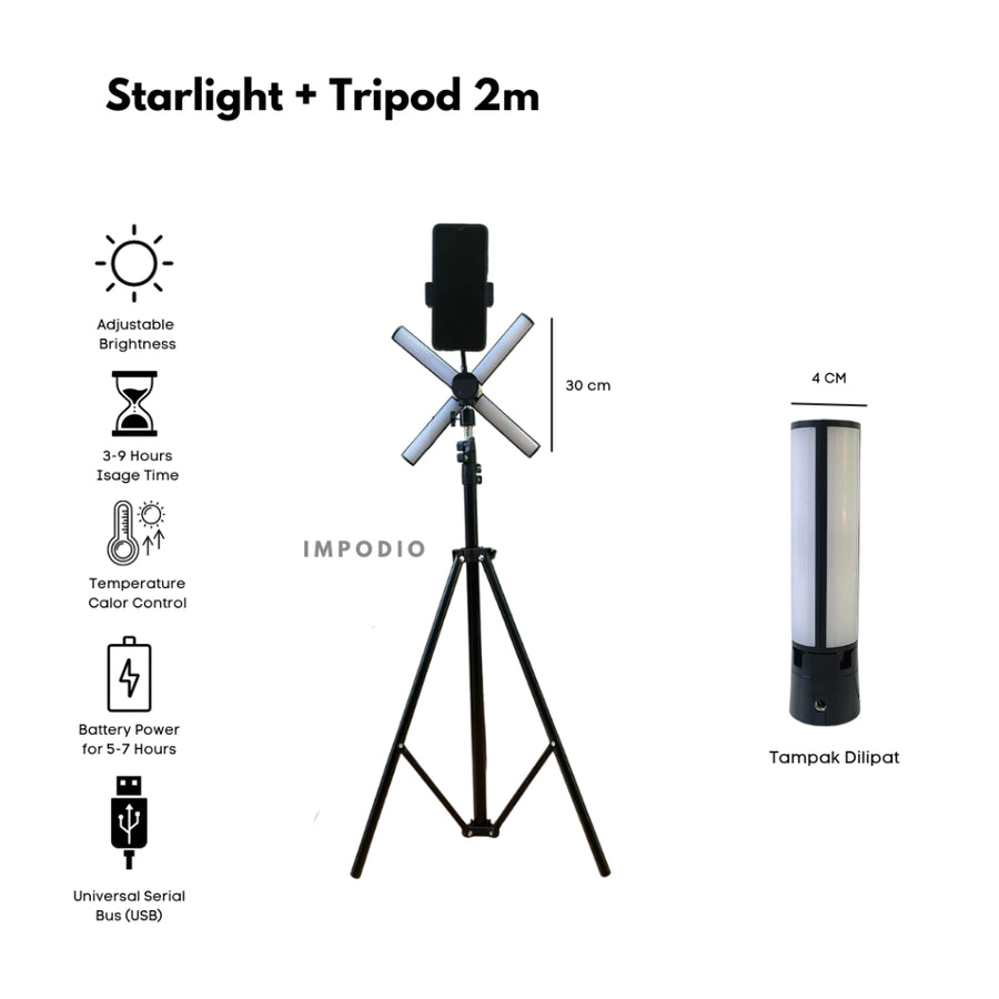 IMPODIO Starlight + Tripod 2m - Make up Vlog - Lampu ringlight