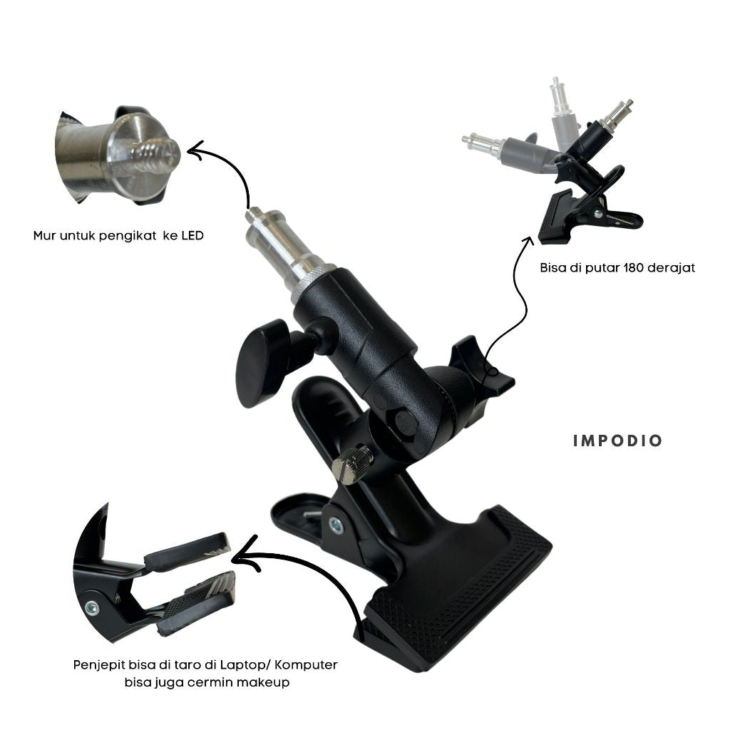 IMPODIO Lighting videography LED terang dengan clamp jepit MUA Vlogger Livestream
