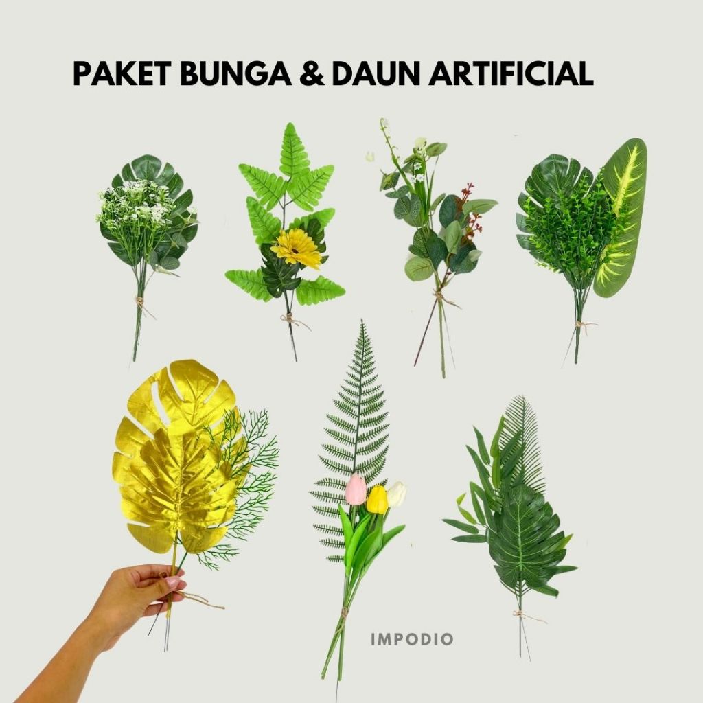 IMPODIO Paket Bunga dan Daun Palsu Artificial - Fake Leaf and Flower Props Dekorasi Foto Produk