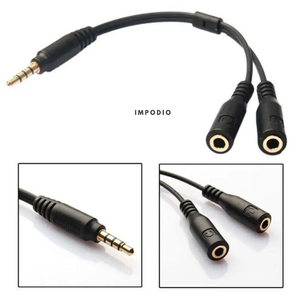 IMPODIO Kabel splitter audio Hifi Jack 3.5mm jadi 2 slot 3.5mm - close up