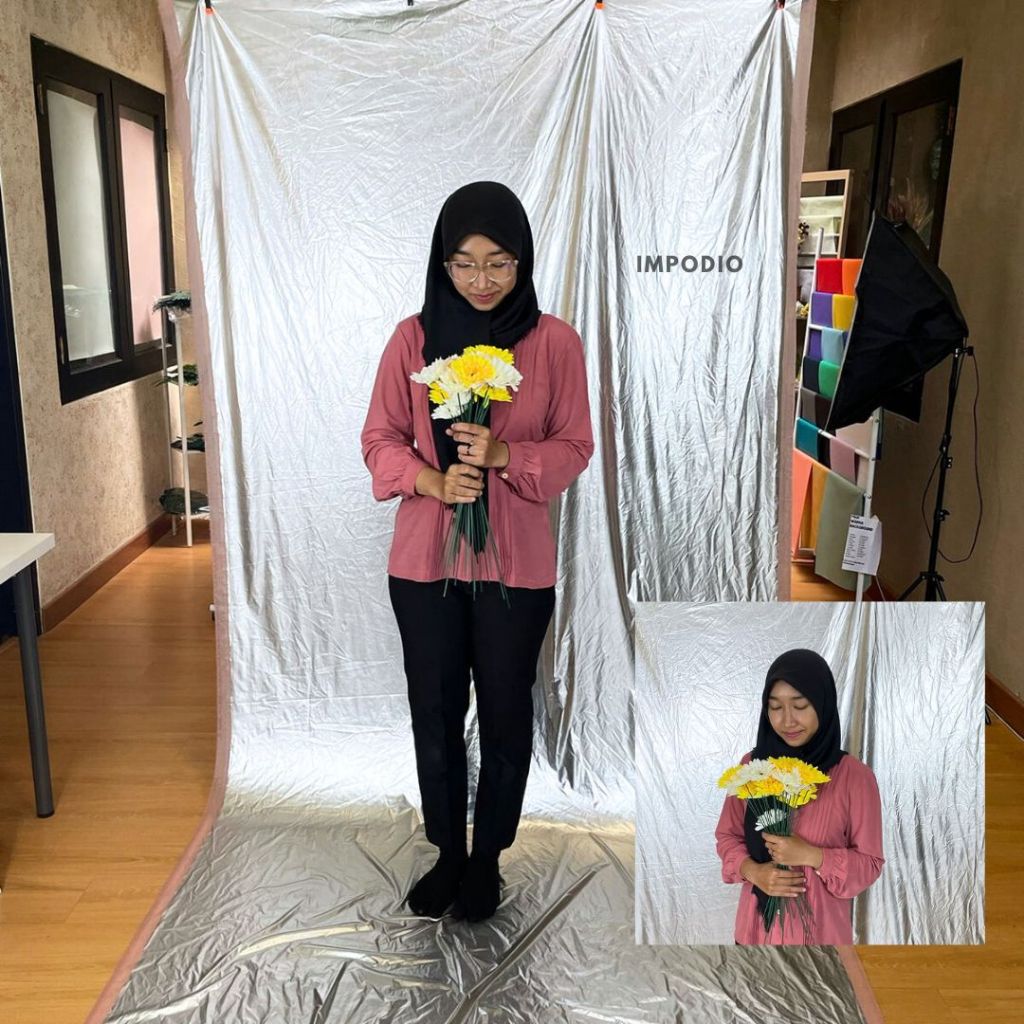 IMPODIO Kain Background Silver Reflektif - Backdrop Foto Produk - tampak samping