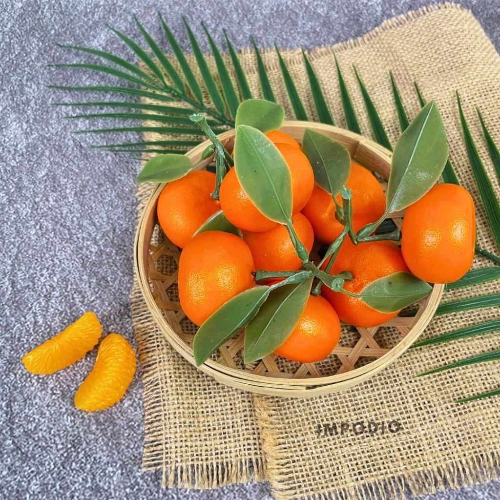 IMPODIO Jeruk Tangkai Artificial Palsu - Buah Fake Properti Dekorasi Foto Produk