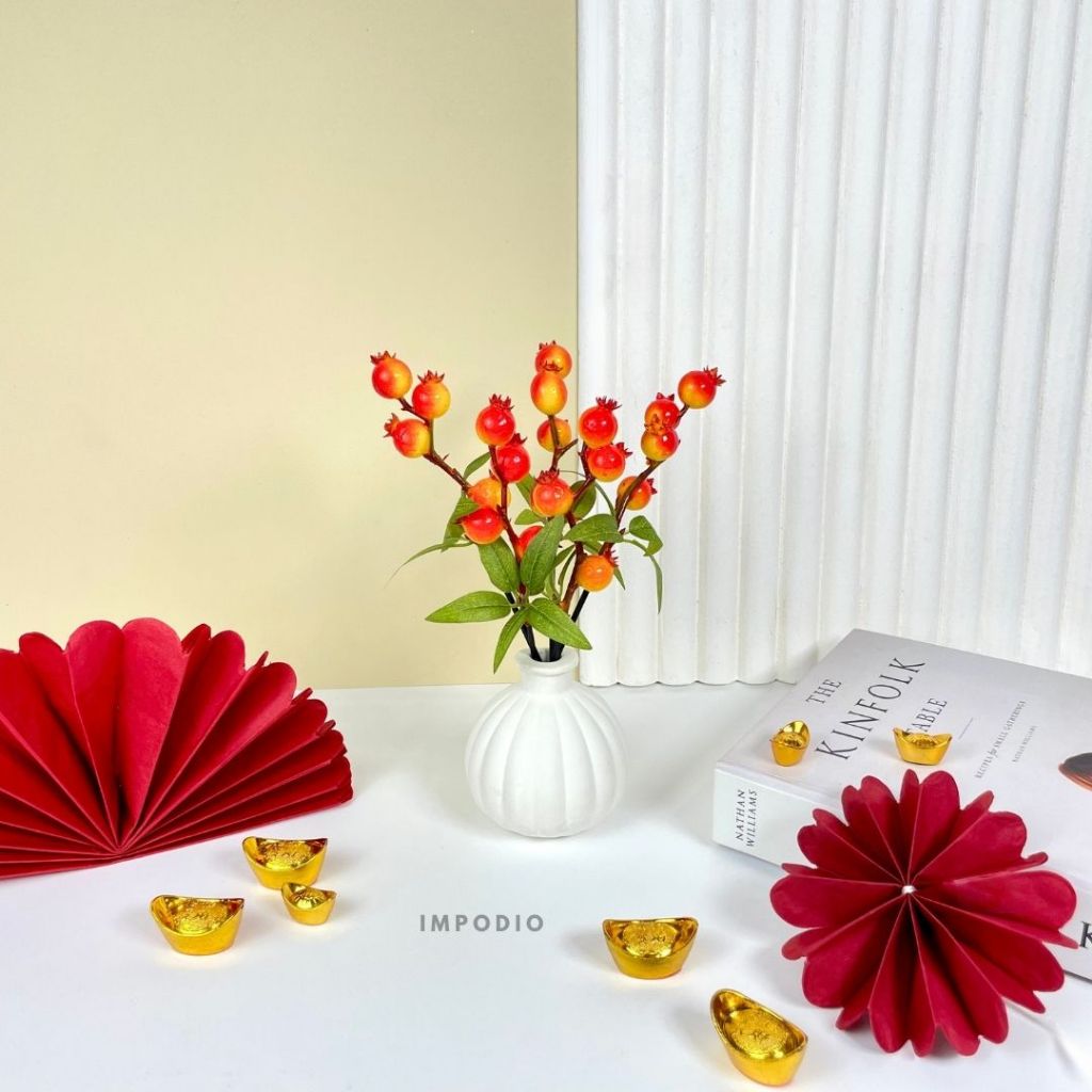 IMPODIO Fake Pomme Granate Fruit Branch - Tangkai Bunga Delima Dekorasi Imlek Chinese Newyear Props Foto