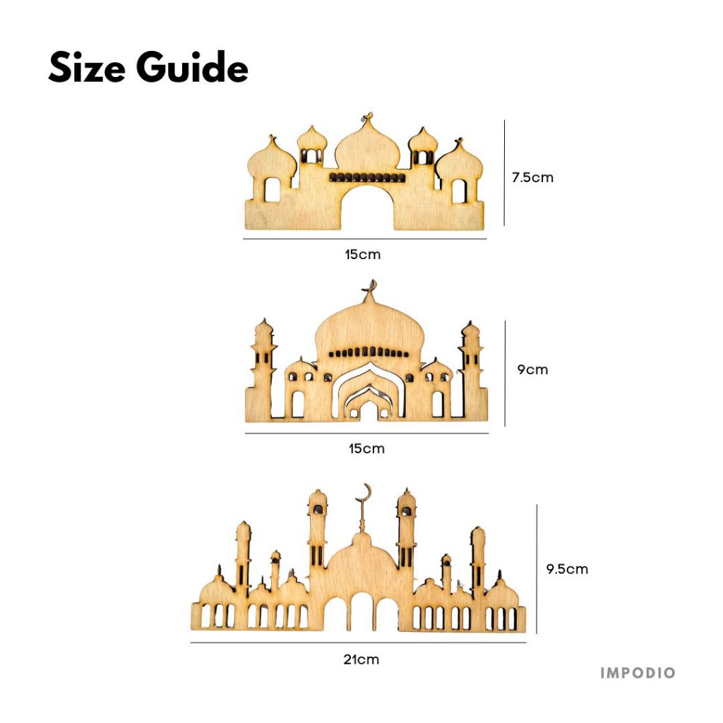 IMPODIO Set 3 Pcs Ornamen lebaran Eid Mubarak Decoration Natural Wood Bentuk Masjid Bangunan Gedung -  Props Foto Product